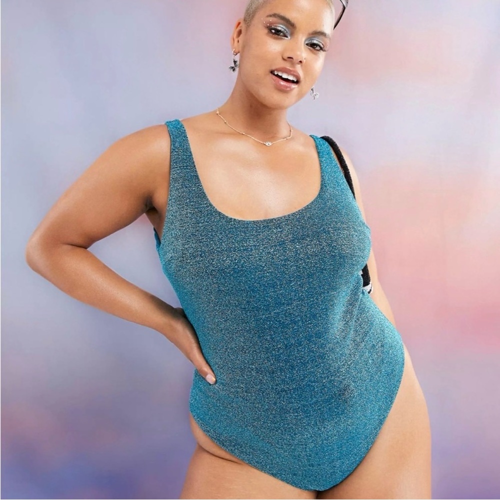 ASOS Design Curve Scoop Neck Blue Glitter One Piece Swimsuit Plus Size 20